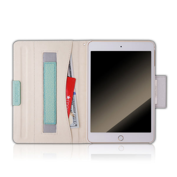 iPad Mini 3/2/1 Rotating Case Cover with Hand Strap and Pocket Wallet with Smart Cover Function.